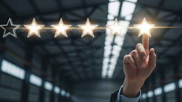 Business person touching virtual glowing five star rating concept in modern warehouse interior