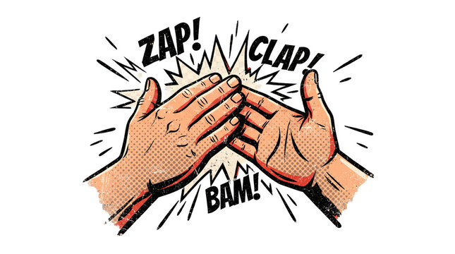 Retro comic book style clapping hands sticker with sound effect words on transparency.