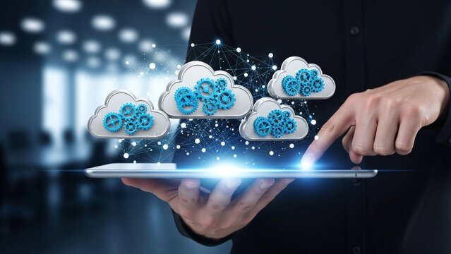 Businessman pointing at digital cloud computing interface with interconnected gears and icons