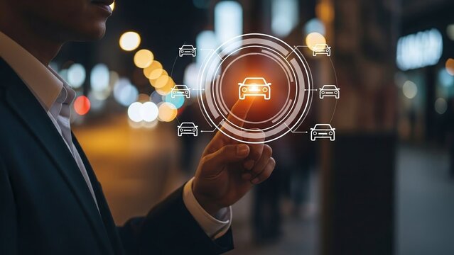 Businessman touching glowing digital car icons on a futuristic interface at night