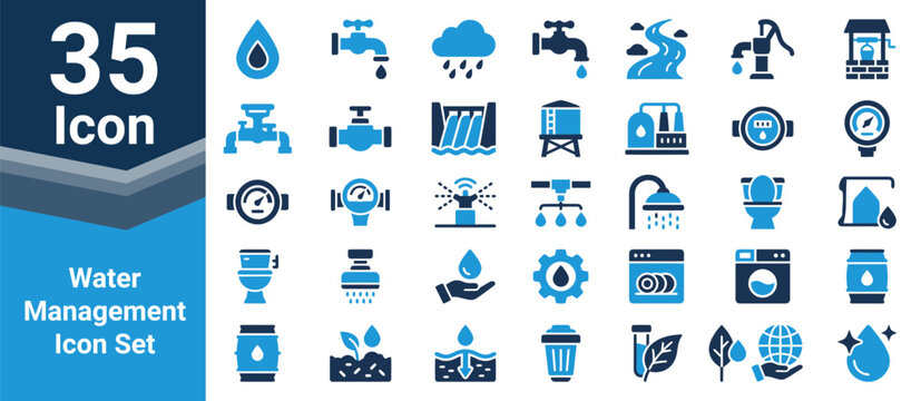 Water management icon set for industrial supply and environmental sustainability.