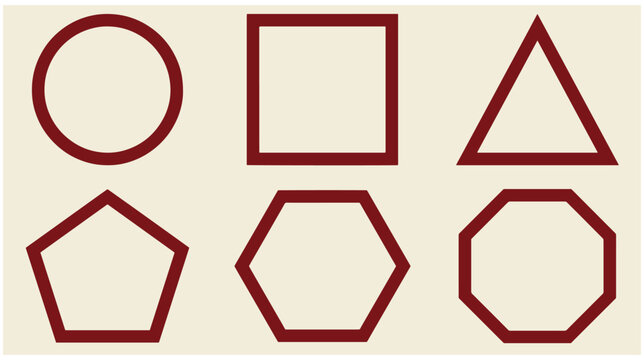 Set of six red outline geometric shapes including circle square triangle pentagon hexagon and octagon with red lines basic shapes design elements shapes collection vector graphics