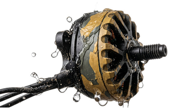 Waterproof brushless drone motor with black and gold paint and water splashes, isolated on transparent background cutout image, for outdoor drone use