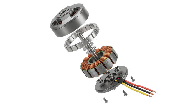 Exploded view diagram of a brushless electric drone motor, isolated on transparent background cutout image, for educational and technical illustrations