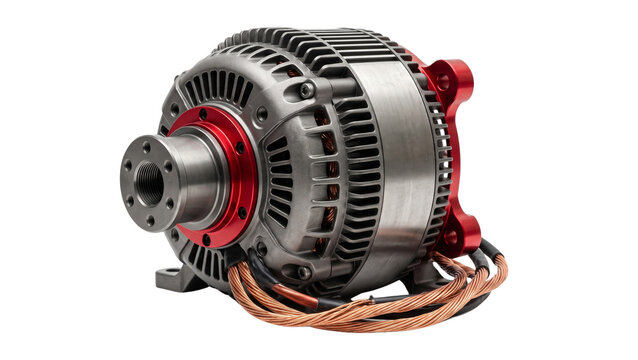 Industrial brushless dc motor with red anodized mounting flange and wires, isolated on transparent background cutout image, for electric vehicles