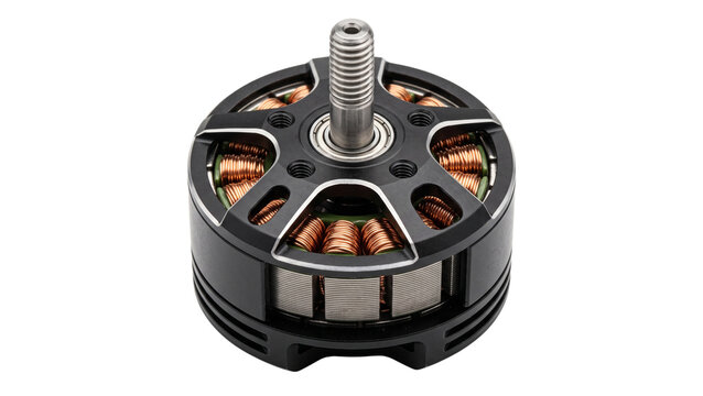 Brushless drone motor with exposed copper coils and steel stator, isolated on transparent background cutout image, suitable for aerospace diy parts