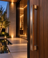 Fototapeta premium Close-up of Modern Luxury Door Handle on Wooden Door