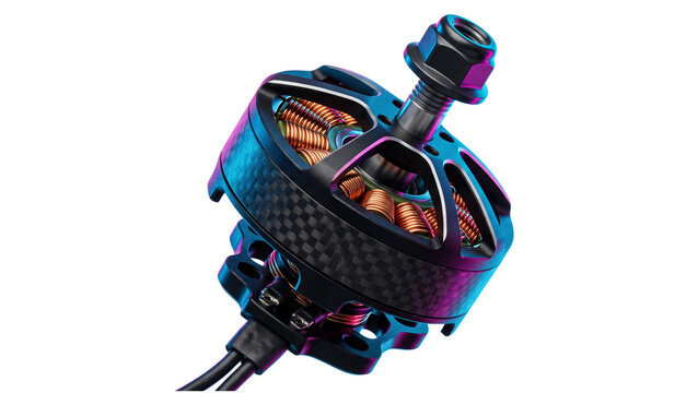 Carbon fiber brushless drone motor under blue and pink neon lighting, isolated on transparent background cutout image, for racing drone parts catalog