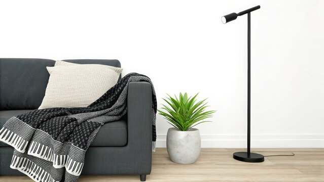 Dark gray sofa with textured pillow patterned blanket green plant and floor lamp on light wood floor