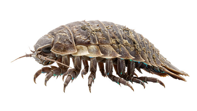 Woodlouse isopod details with segmented shell and small antenna, isolated on transparent background cutout image for biology and nature study