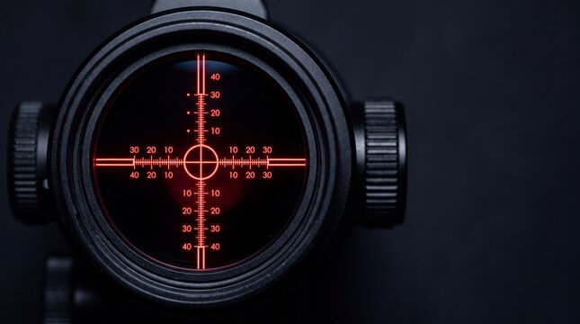 Illuminated red reticle sniper scope view on dark background displays target acquisition reticle.