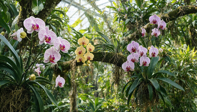 Orchid flowers in shades of pink, white, and yellow hanging from mossy tree branches inside a lush greenhouse with glass ceiling structure