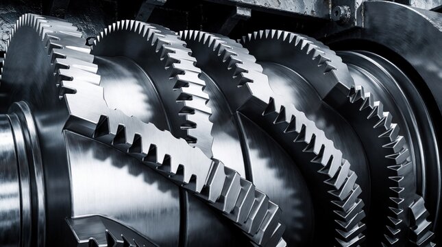 Close view of heavy industrial shredder machine gears. Sharp metal teeth mesh together preparing scrap for recycling or manufacturing processes.