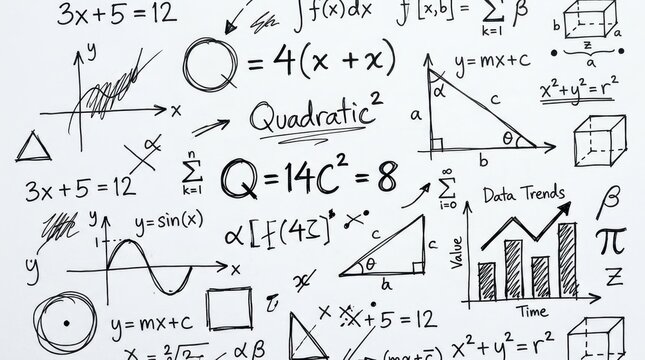 Hand Drawn Mathematical Formulas and Scientific Equations Background with Algebra Geometry and Calculus Sketches