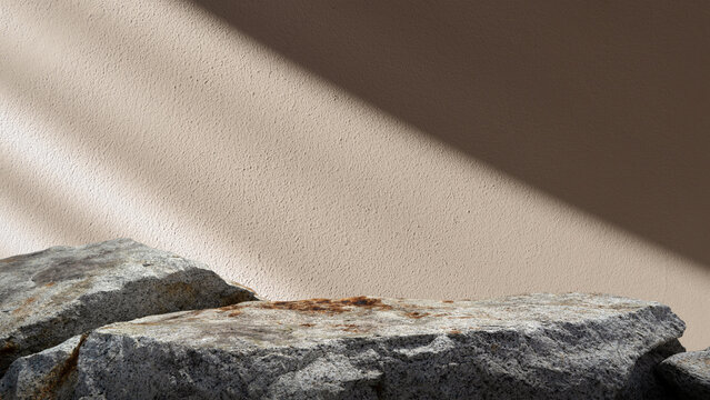 Rock Stone Podium With Soft Autumn Sunlight And Window Shadow On Brown Cement Wall, Natural Rustic Product Display Background For Cosmetic Mockup, Fall Banner, Advertising And Presentation.