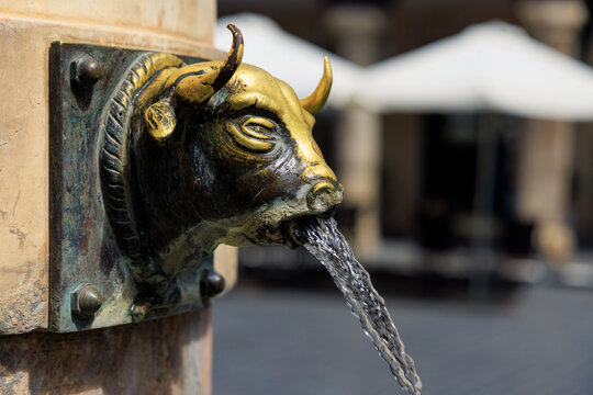 Bronze bull head fountain with pouring water in Teruel, Spain