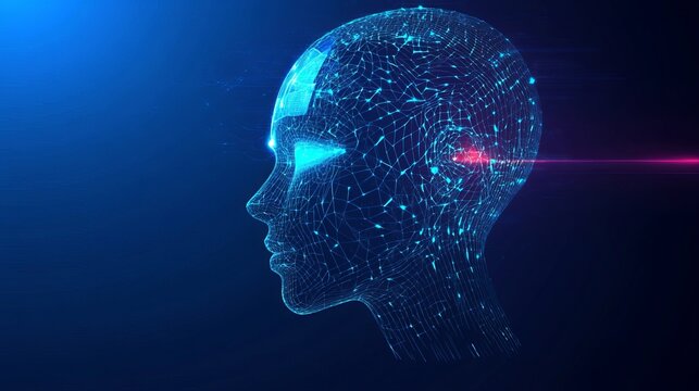 Human head silhouette composed of glowing blue digital wireframe network connections featuring sharp pink light particles and sleek modern textures