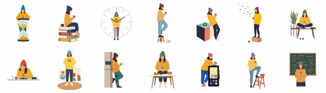 Collection of diverse flat character illustrations depicting productivity, learning, and daily life activities in a modern minimalist style.