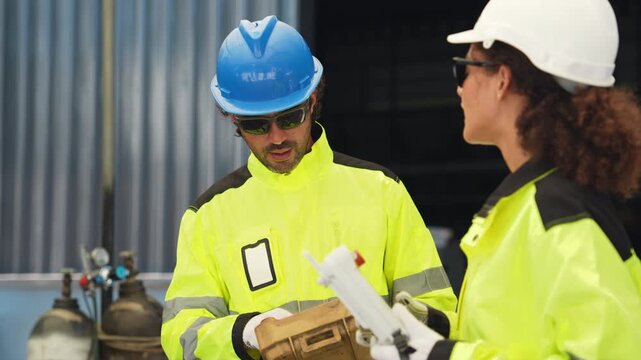 Industrial engineer inspecting a robotic arm machine in an automated manufacturing factory, robotics, automation, smart manufacturing, machine maintenance, quality control and Industry 4.0 technology.