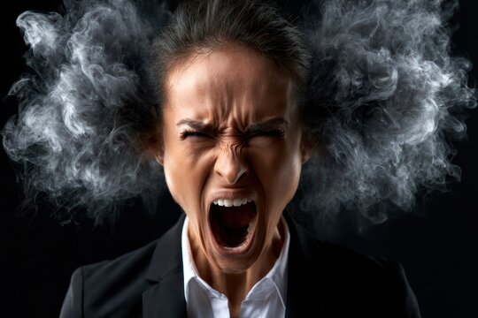 Mad female employee screaming with steam from ears