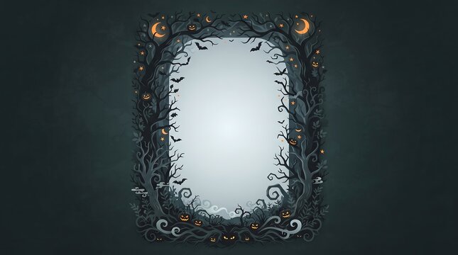 Spooky halloween frame with bare branches pumpkins and bats against a dark teal background