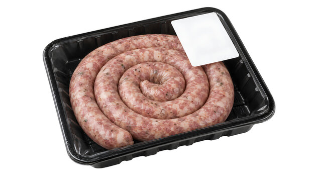  Raw coiled sausage in retail tray with blank label for fresh meat packaging.