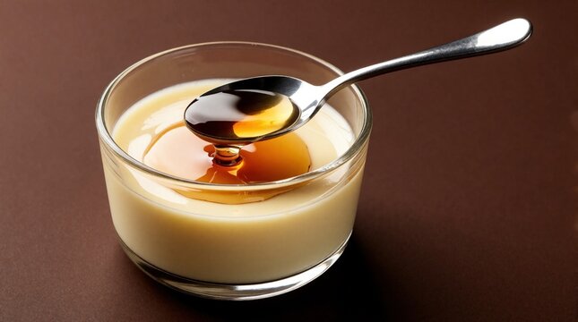 Close-up shot of spoon scooping creamy custard pudding with caramel syrup from a glass cup. Dessert preparation with sweet topping, rich texture.