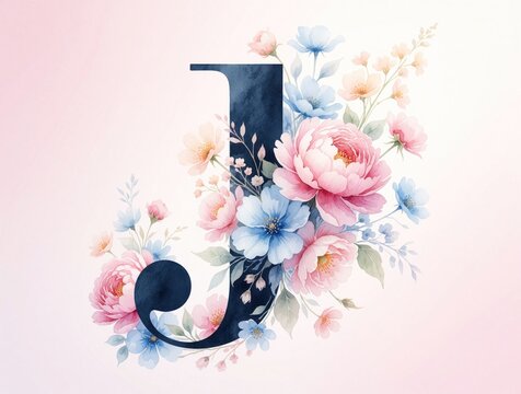 Dark letter J adorned with soft pastel watercolor flowers and leaves. Gentle floral arrangement suitable for wedding invites greeting cards branding and decor. Romantic delicate artwork.