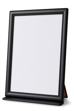 Empty black tabletop picture frame standing on a white background, ready for custom content