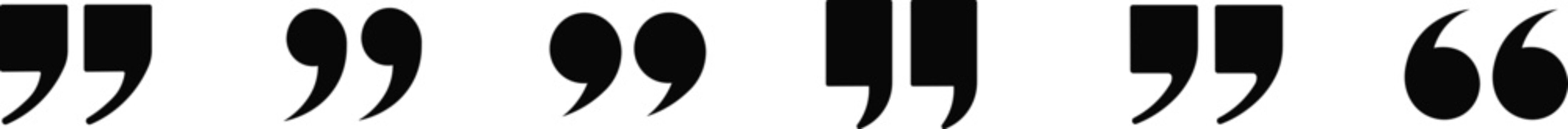 Set of black quotation marks and speech marks icons in various styles on white background