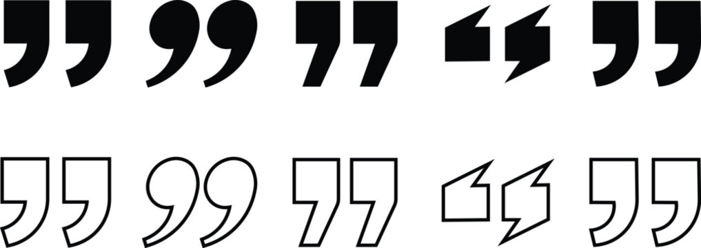 Set of black and white quotation mark icons in various styles isolated on white background