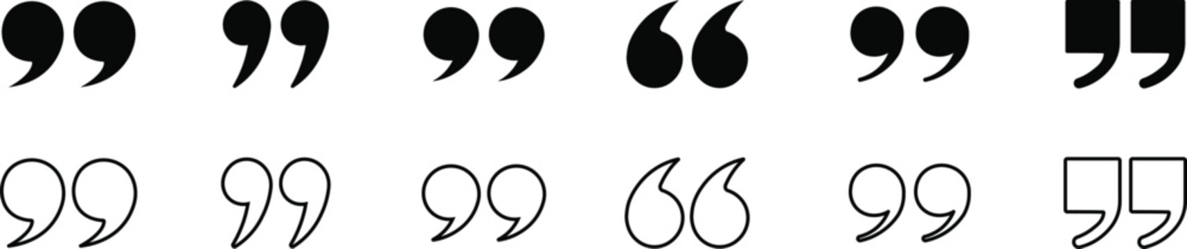 Set of various black quotation marks and speech bubble icons in different styles