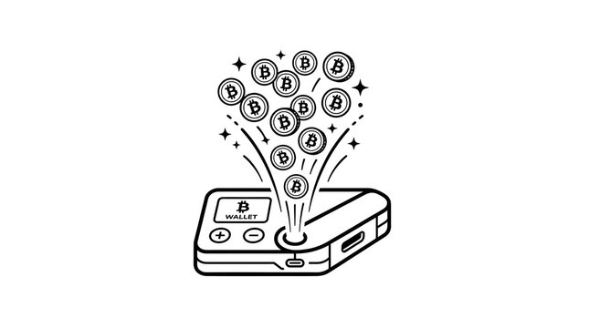 Cryptocurrency Hardware Cold Wallet with Digital Coin Logos Vector Line Art