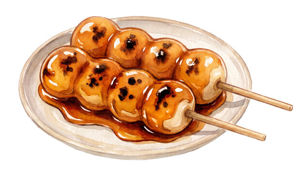 Watercolor illustration of Japanese dango skewers (Mitarashi Dango)