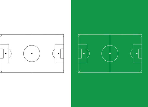 Top view of a soccer field diagram showing lines and markings for a football game match plan
