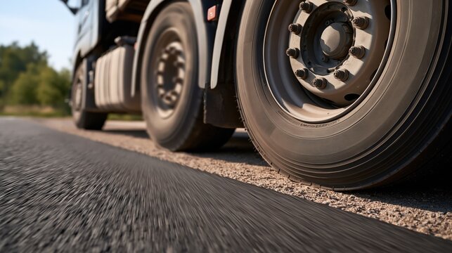 Close Up of Heavy Duty Truck Tires Rolling on Asphalt Road During Daytime