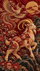 Fototapeta premium Chinese New Year 2027 Year of the Goat vertical banner, embroidered goat with phoenix, peony flower, mountain landscape and golden sun. Festive background template with copy space for greeting text an