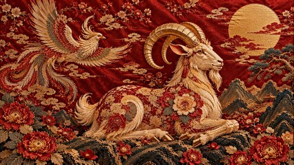 Fototapeta premium Chinese New Year 2027 Year of the Goat horizontal banner, embroidered resting goat with phoenix, peony flower, mountain landscape and golden sun. Festive background template with copy space for greeti
