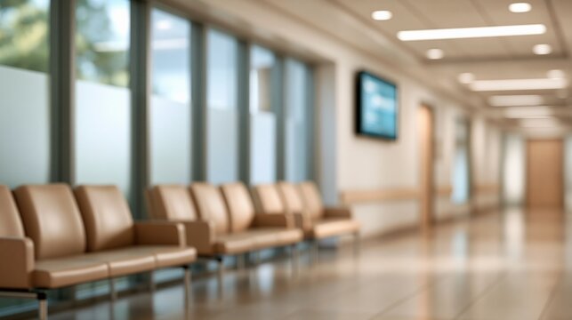 Modern hospital waiting room with comfortable seating and large windows creating a bright and clean atmosphere