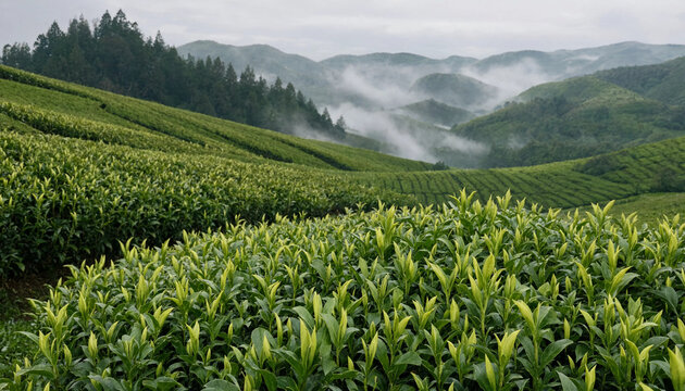 Rolling green tea plantations covering hilly landscapes under a cloudy sky with mist and fog gathering between the distant mountain peaks above