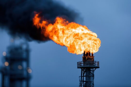 Industrial fire flare against blue sky