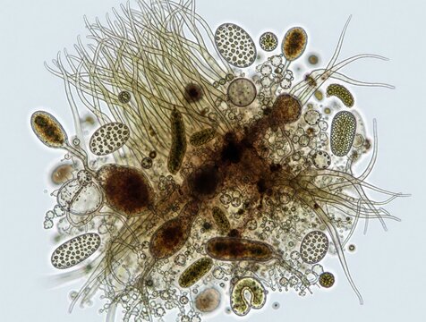 Microscopic view of soil microorganisms including amoeba, bacteria. Diverse microbes like flagellates, fungi live in organic compost. Scientific research shows biodiversity in dirt samples using high