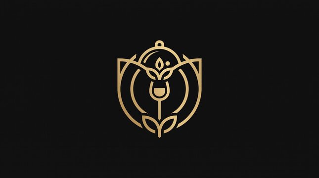 Luxury gold line art food emblem logo with cloche and leaves