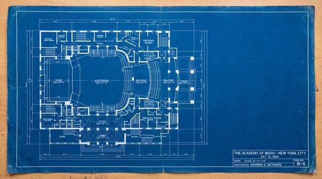 Detailed architectural blueprint of academy music building on blue paper with white lines grid.