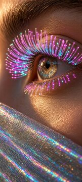 Macro di occhio con ciglia luminose in fibra ottica al neon, estetica cyberpunk e futuristica