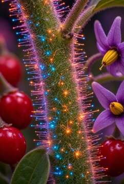 Dettaglio macro di Solanum dulcamara magica con peli bioluminescenti al neon (Arte generata dall'IA)