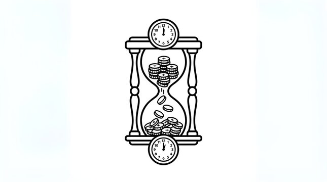 Time is Money Hourglass with Falling Coins Vector Line Art Set