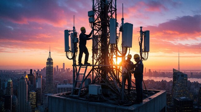 Telecom technicians repair cell tower on rooftop during sunset. Male workers in hard hats maintain mobile network equipment in urban cityscape. Engineers fix signal antenna atop skyscraper with city
