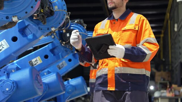Industrial engineer inspecting a robotic arm machine in an automated manufacturing factory, robotics, automation, smart manufacturing, machine maintenance, quality control and Industry 4.0 technology.