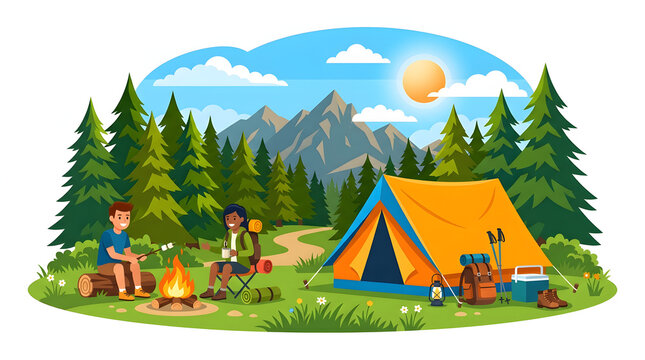 Colorful vector illustration of people camping in a forest with tents and campfire